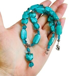 VTG Cat Lover Art glass Necklace teal blue Beads Murano Italy Sterling Lampwork